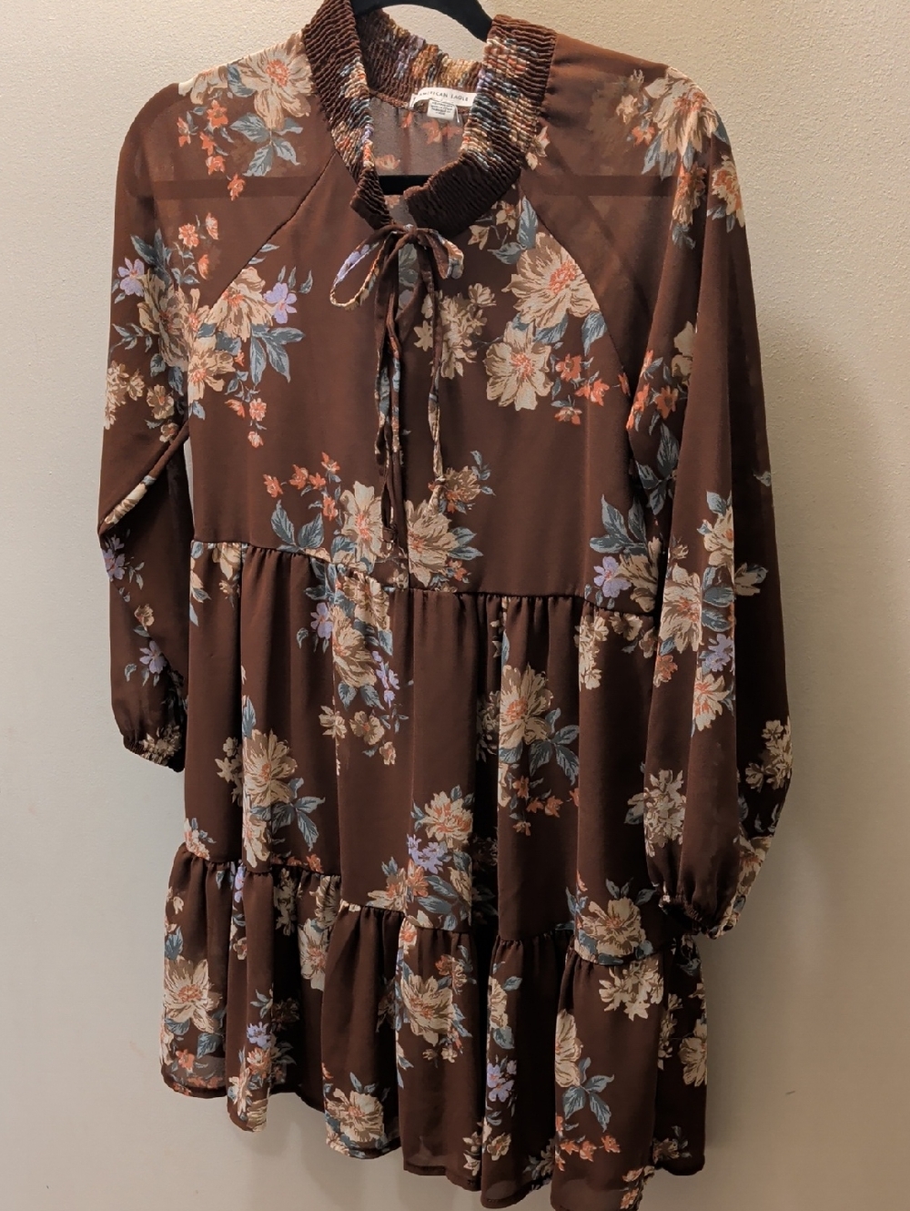American Eagle Outfitters Brown Floral Tiered Long-Sleeve Dress